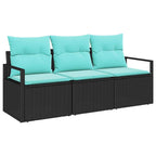 Sofa Set mit Kissen 3 pcs Schwarz Poly Rattan