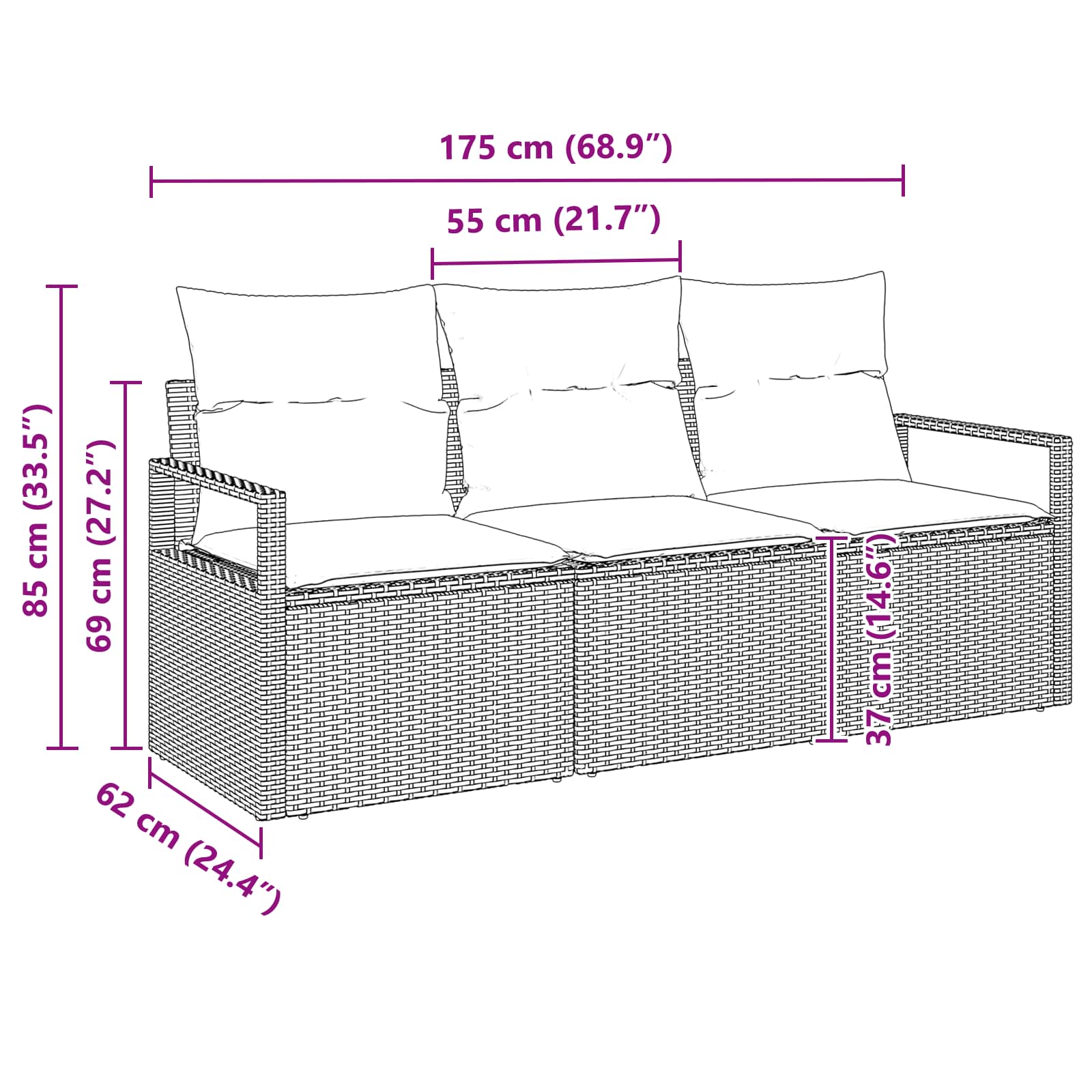 Sofa Set mit Kissen 3 pcs Schwarz Poly Rattan