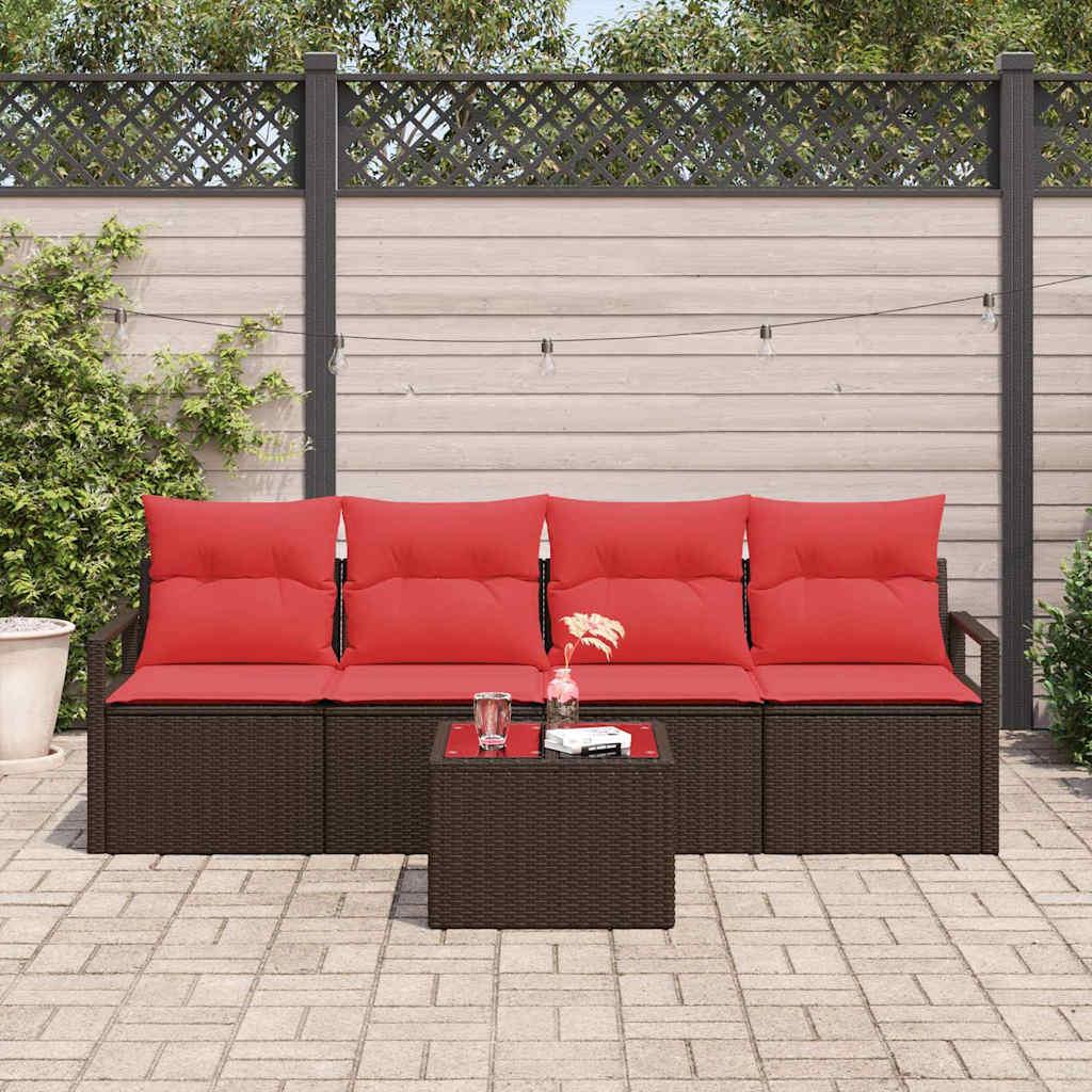 Sofa Set 5 pcs Braun und Rot Poly-Rattan
