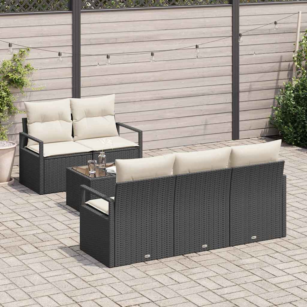 Sofa Set mit Kissen 6 pcs Schwarz und Creme Poly Rattan