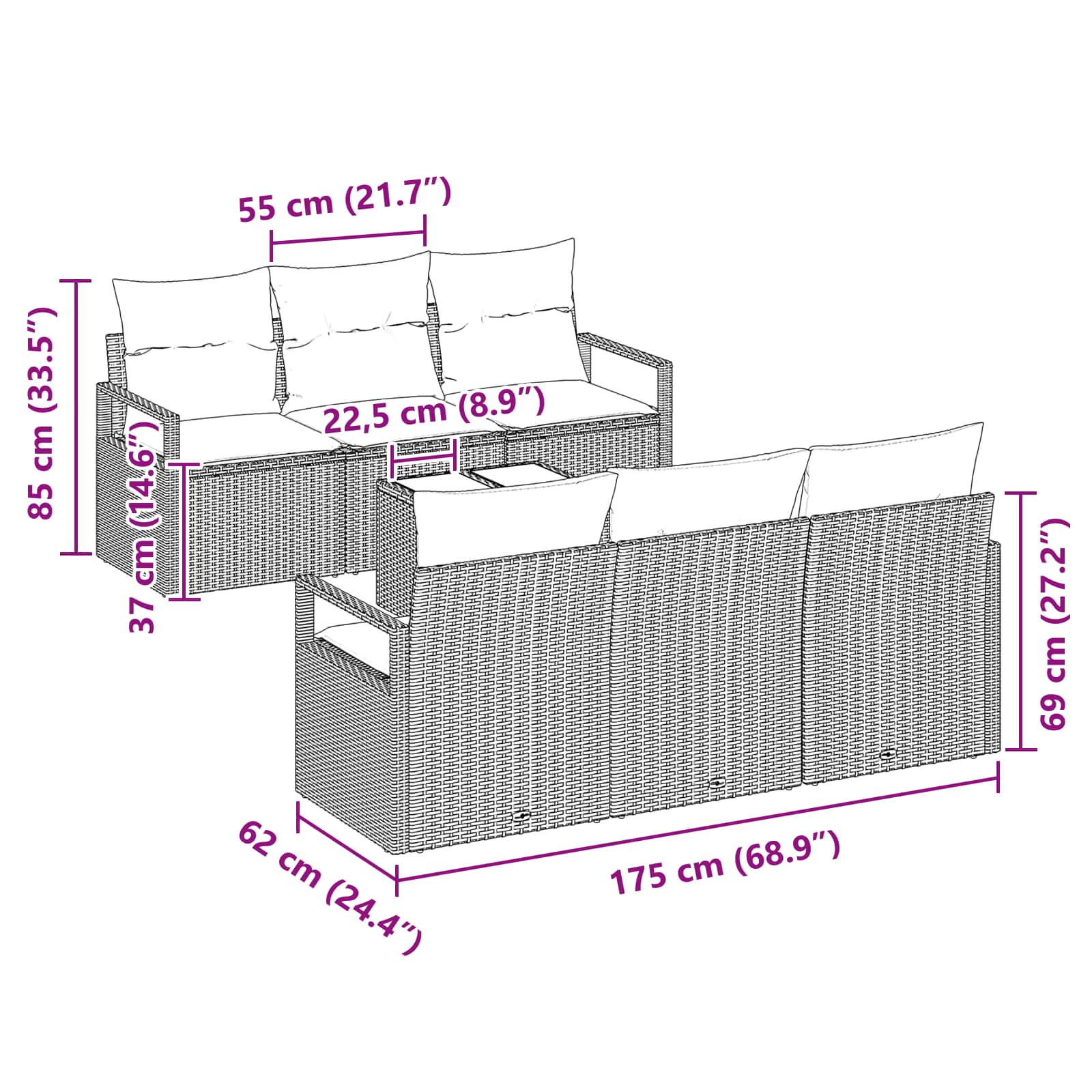 Sofa Set mit Kissen 7 pcs Schwarz und Türkis Poly Rattan