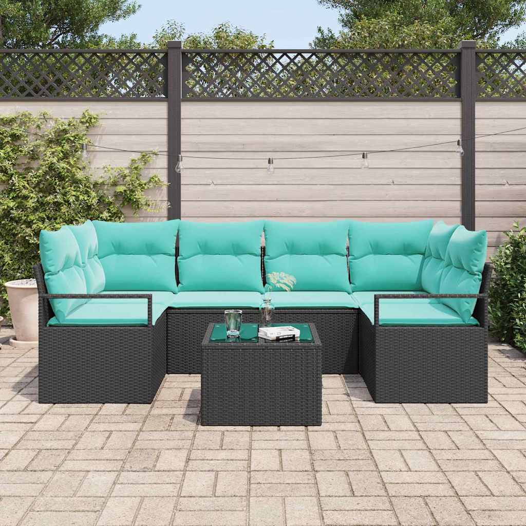 Sofa Set 7 pcs Schwarz und Blau Poly-Rattan