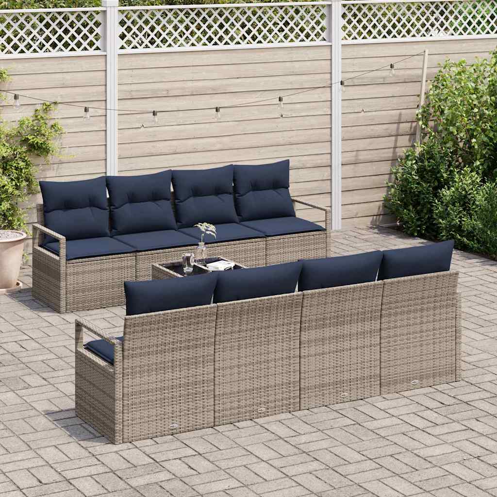 Sofa Set mit Kissen 7 pcs Grau und Blau Poly Rattan