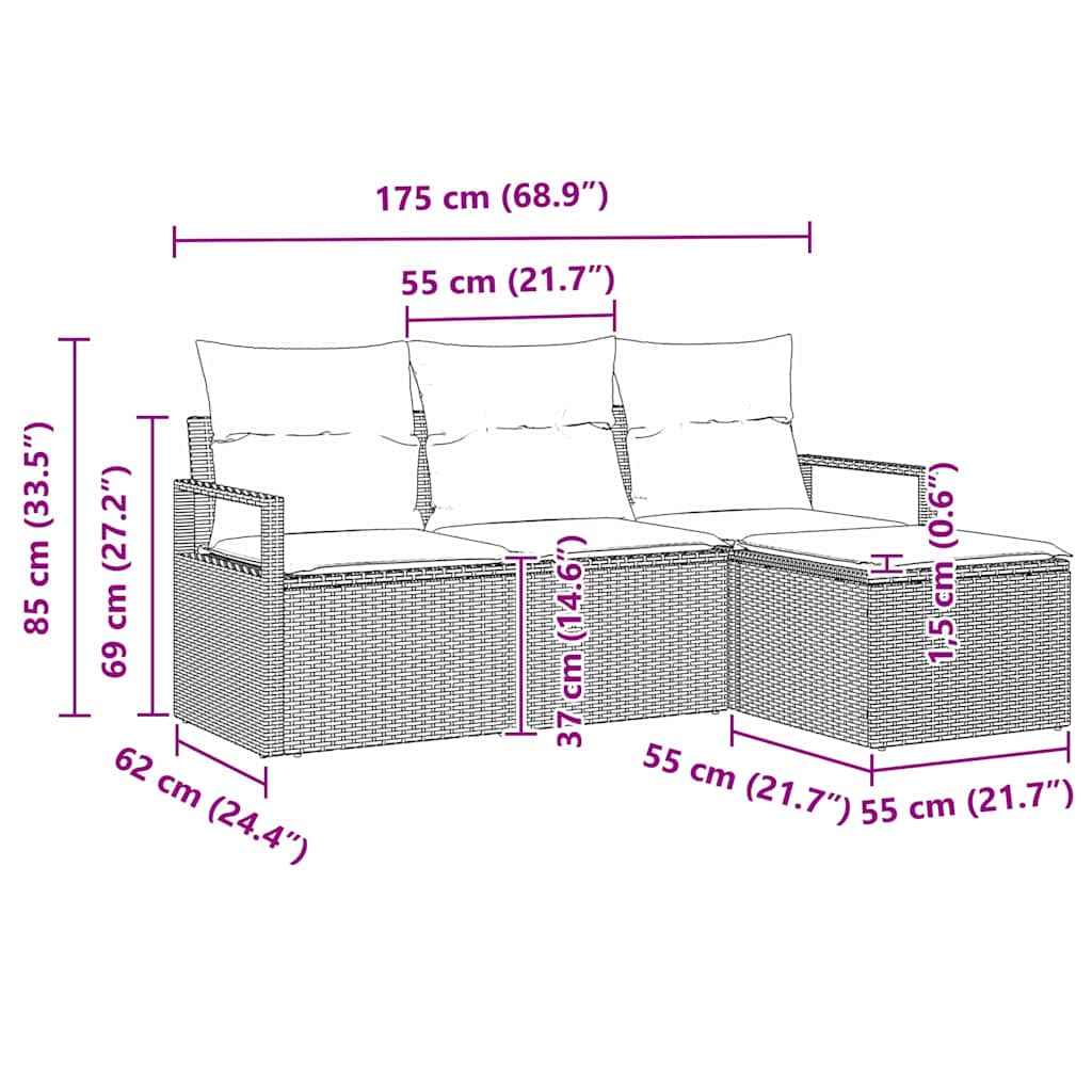 Sofa Set mit Kissen 4 pcs Schwarz Poly Rattan