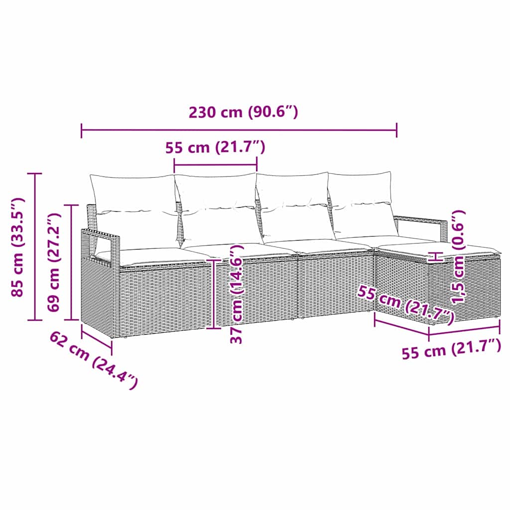 Sofa Set mit Kissen 5 pcs Schwarz Poly Rattan