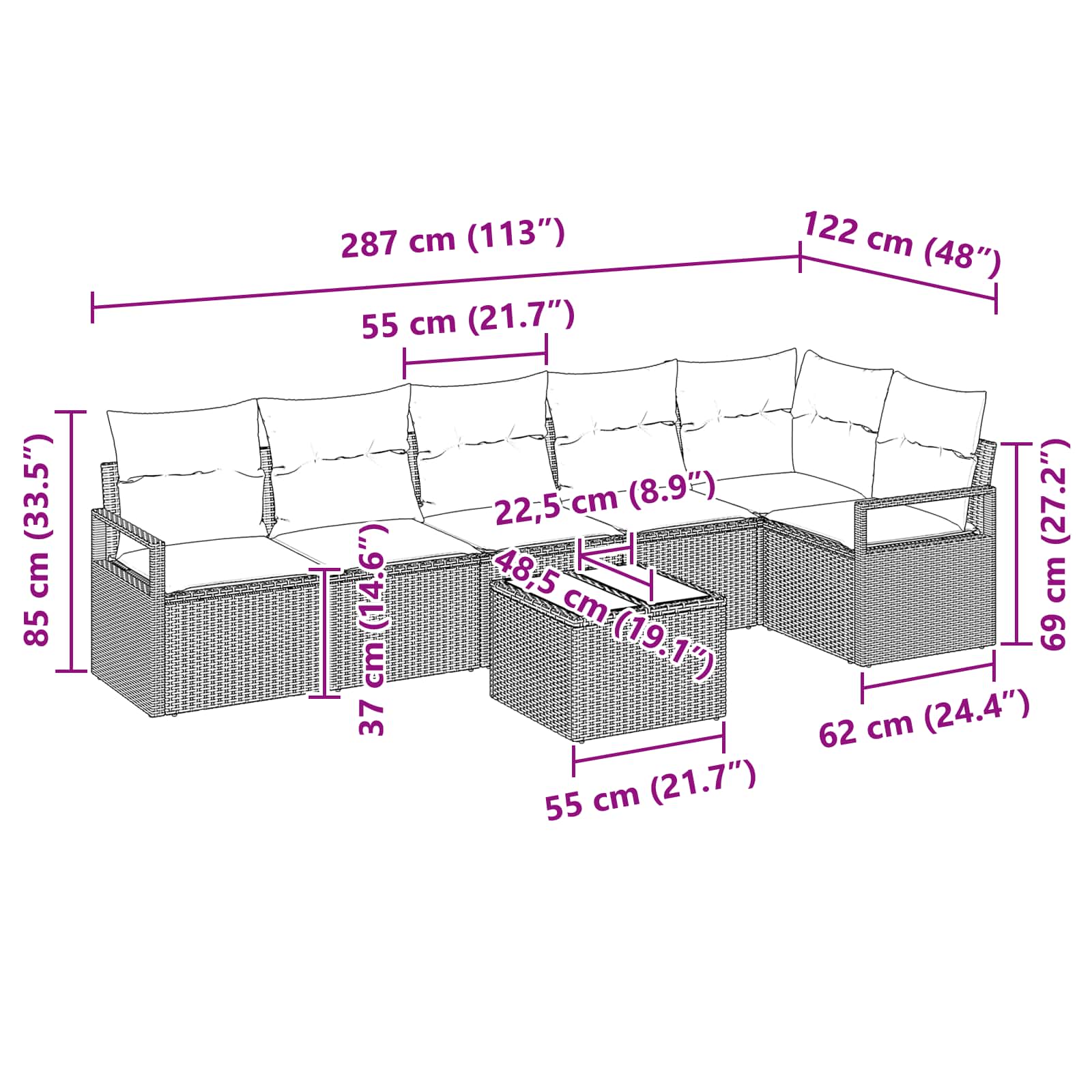 Sofa Set 7 pcs Schwarz Poly-Rattan