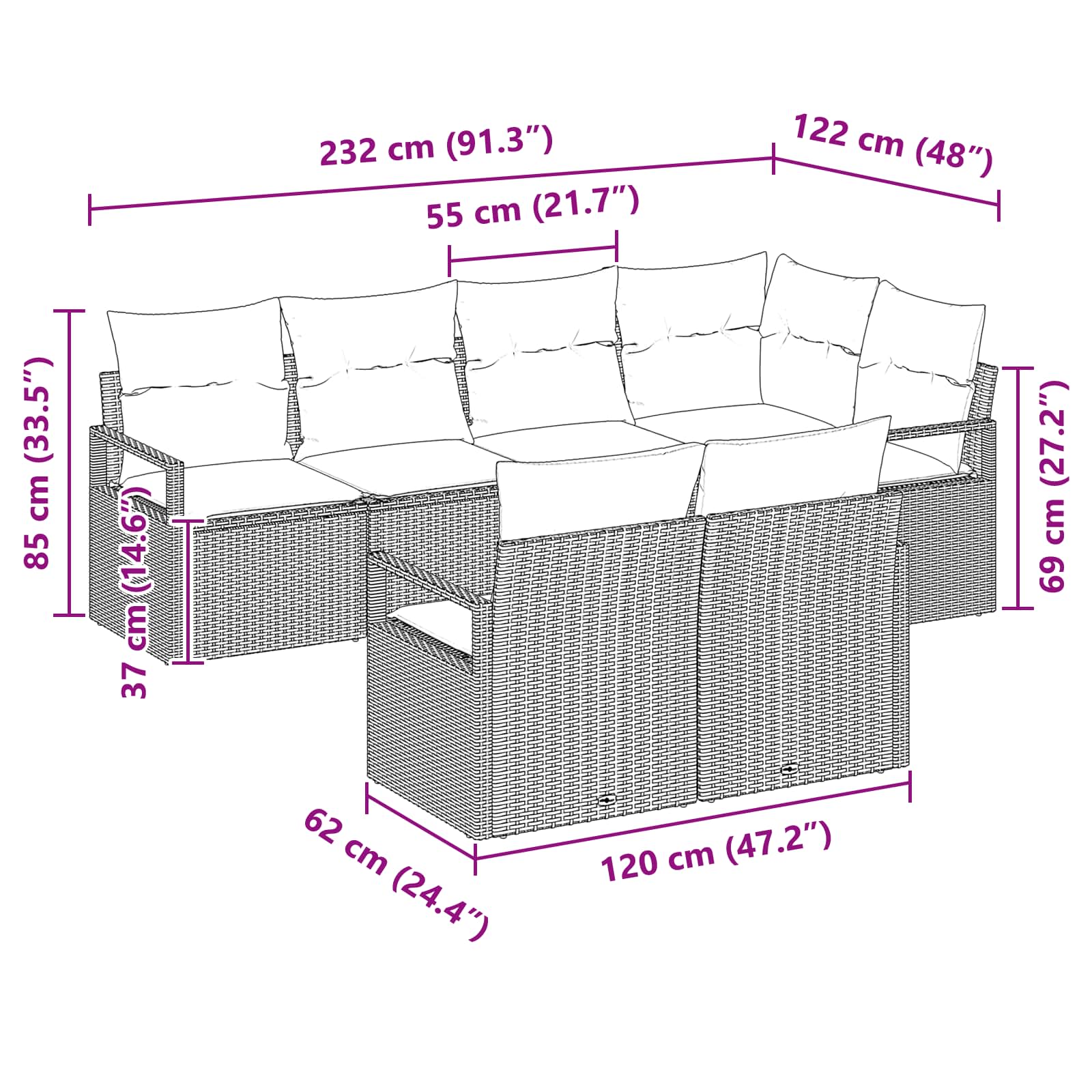 Sofa Set mit Kissen 7 pcs Grau Poly Rattan