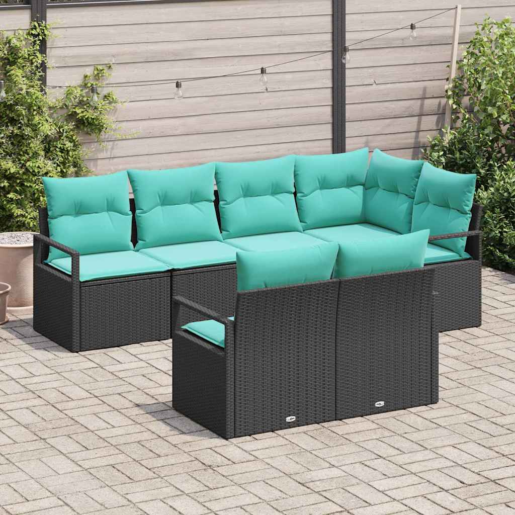 Sofa Set mit Kissen 7 pcs Schwarz Poly Rattan