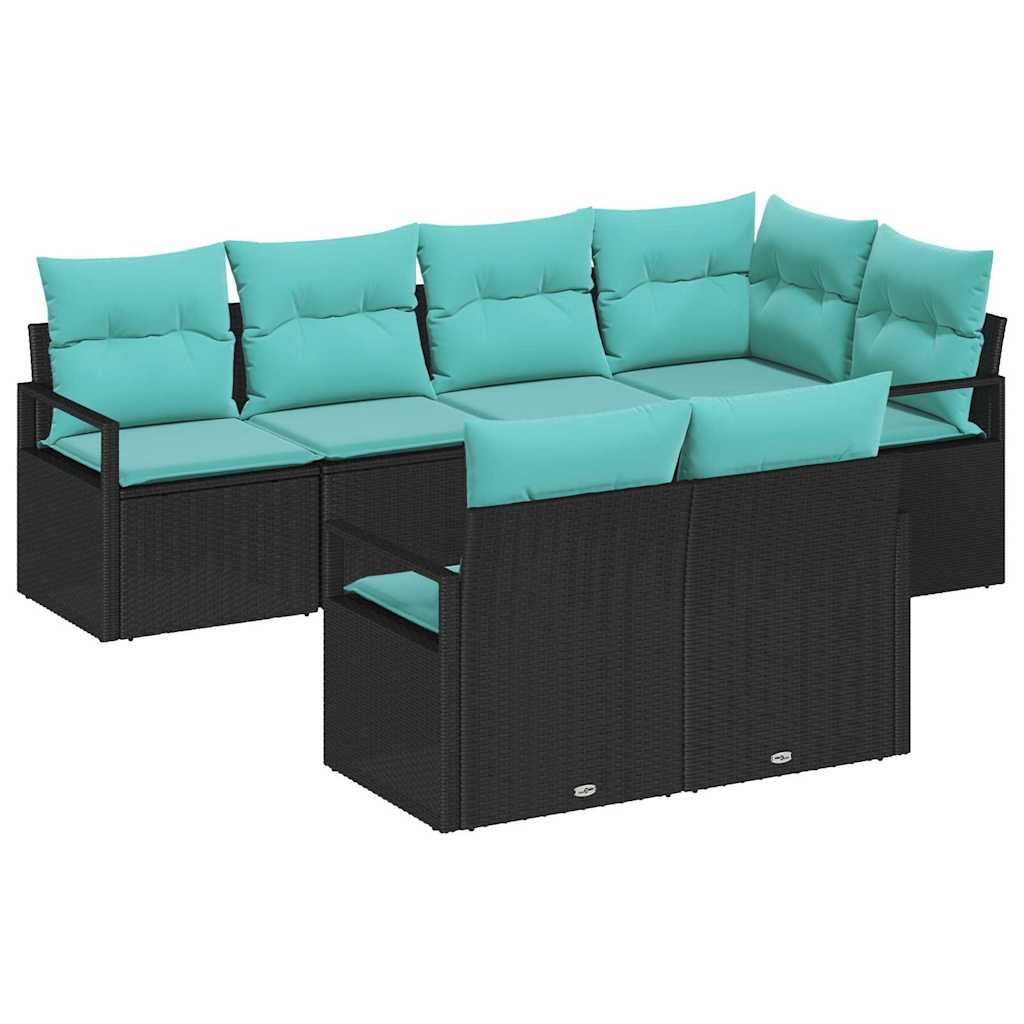 Sofa Set mit Kissen 7 pcs Schwarz Poly Rattan