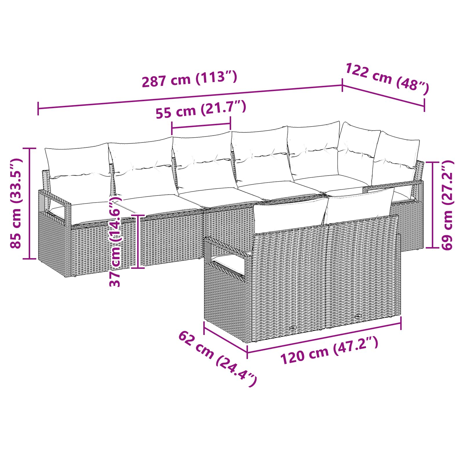 Sofa Set mit Kissen 8 pcs Schwarz Poly Rattan
