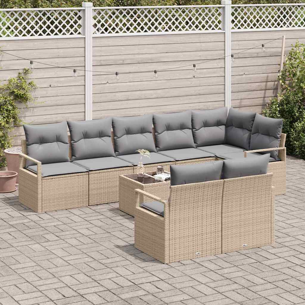 Sofa Set mit Kissen 9 pcs Beige Poly Rattan