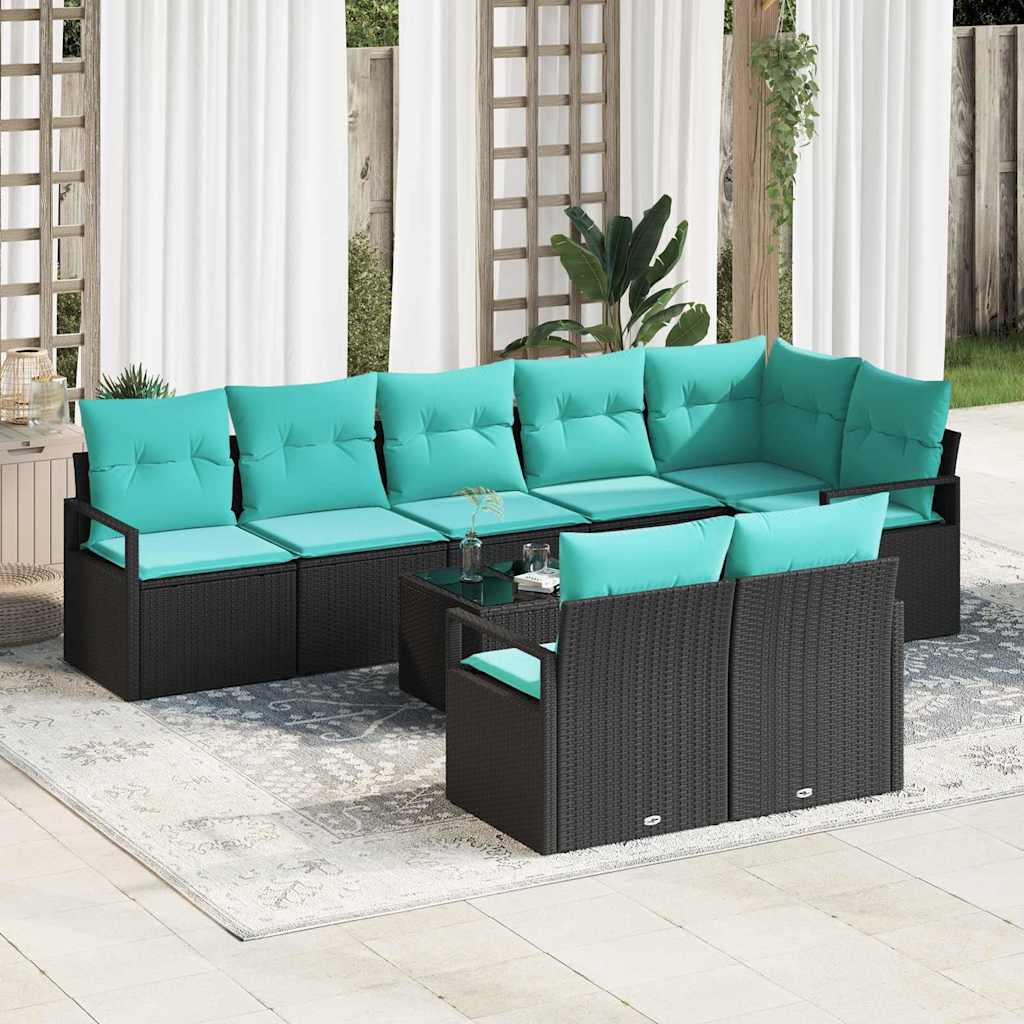 Sofa Set mit Kissen 9 pcs Schwarz Poly Rattan