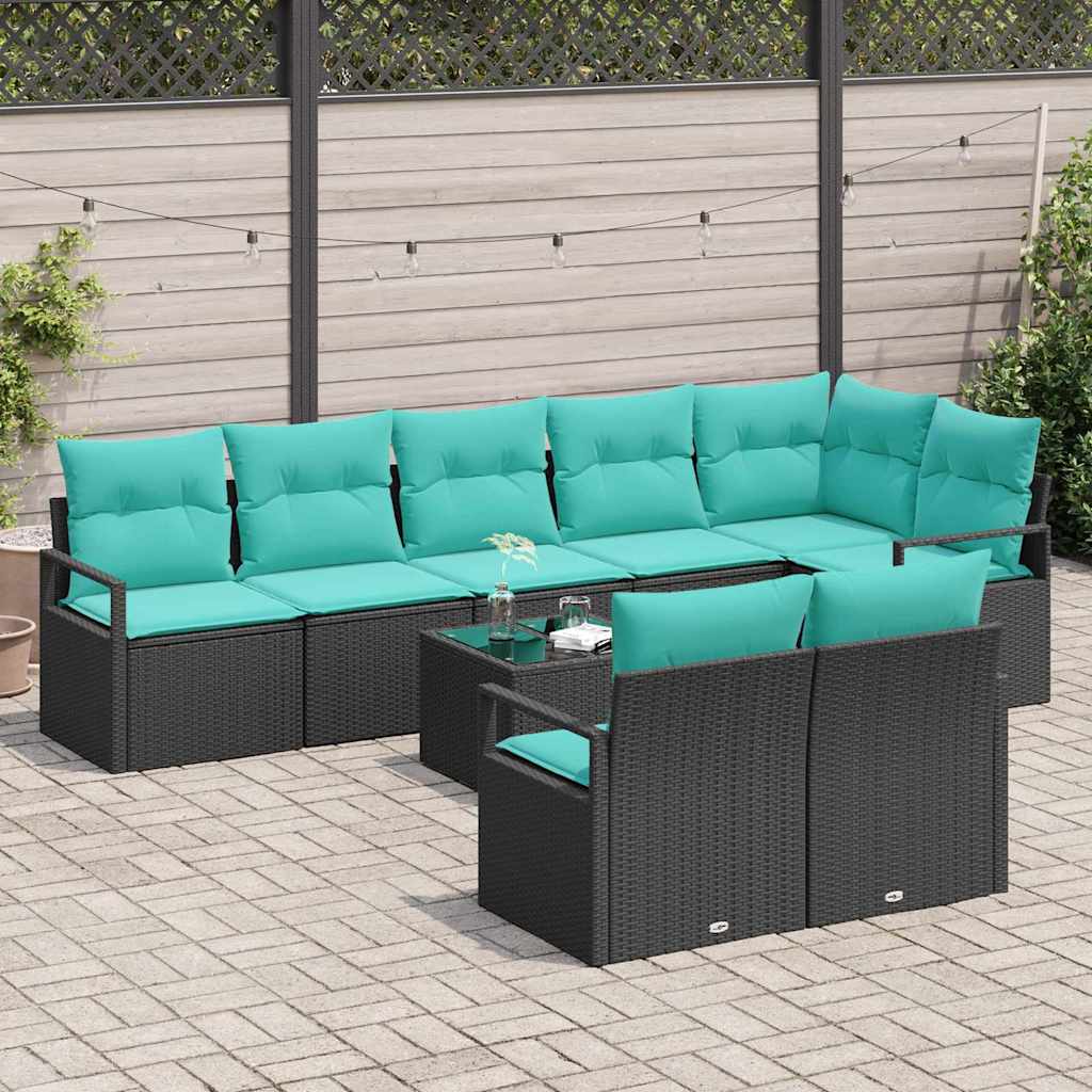 Sofa Set mit Kissen 9 pcs Schwarz Poly Rattan