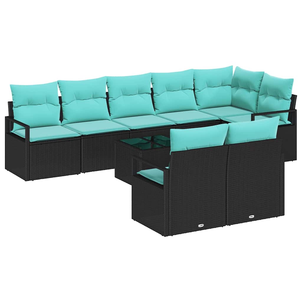 Sofa Set mit Kissen 9 pcs Schwarz Poly Rattan
