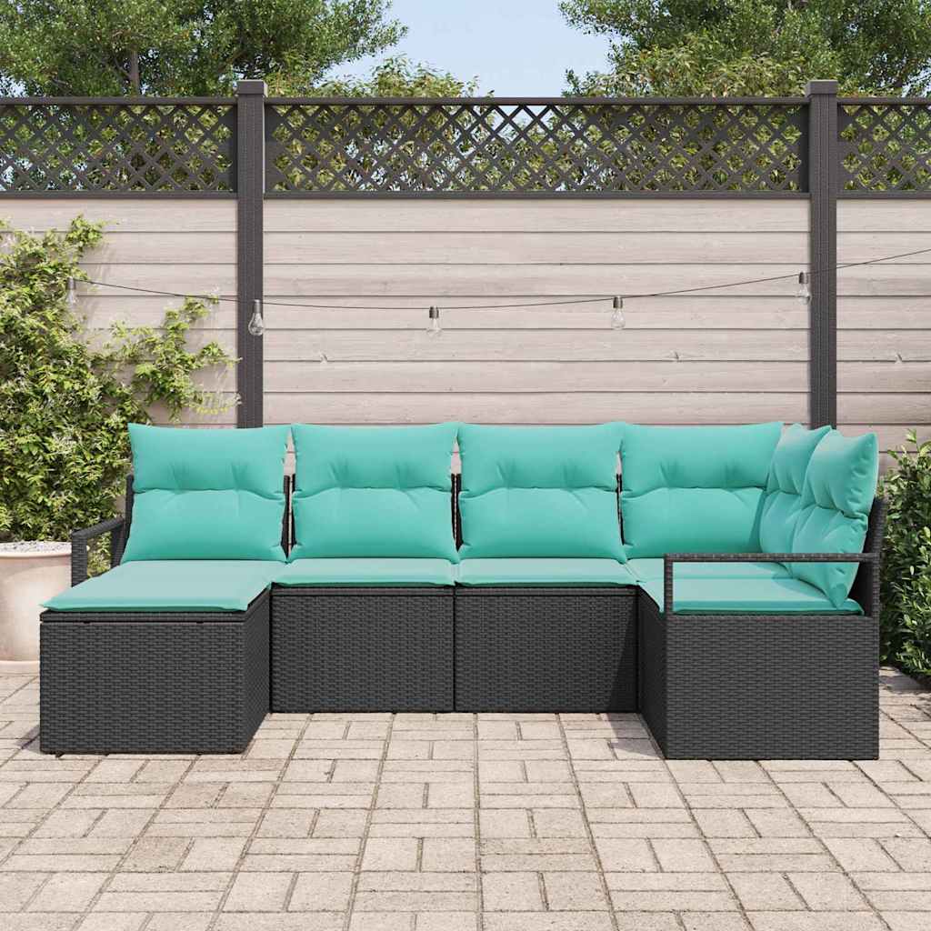 Sofa Set mit Kissen 6 pcs Schwarz Poly Rattan