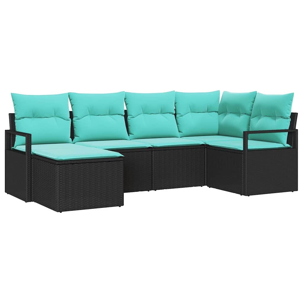 Sofa Set mit Kissen 6 pcs Schwarz Poly Rattan