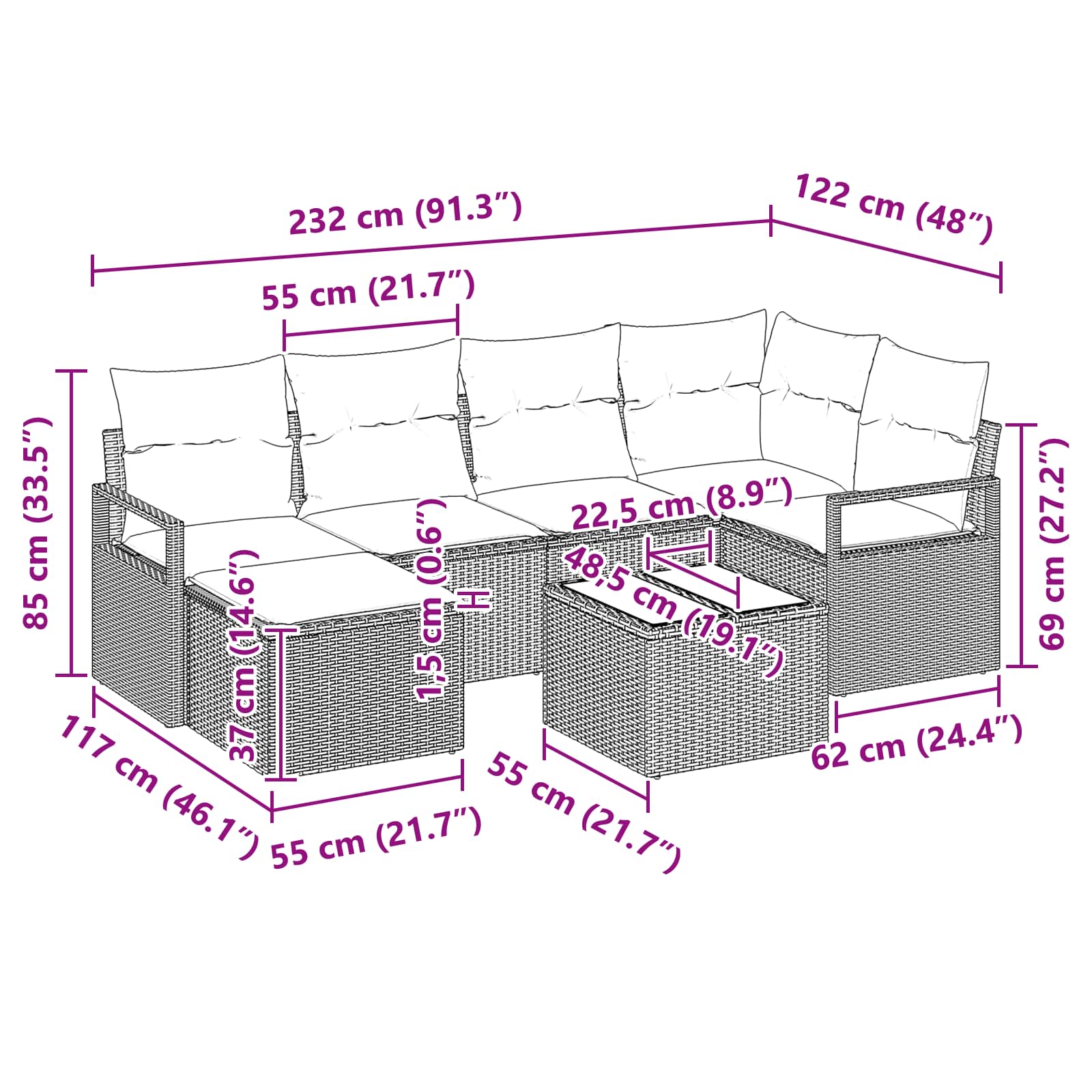 Sofa Set mit Kissen 7 pcs Grau Poly Rattan