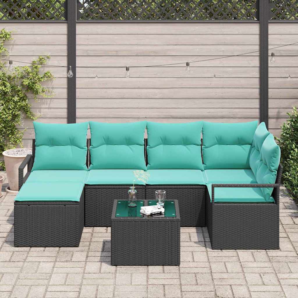 Sofa Set mit Kissen 7 pcs Schwarz Poly Rattan