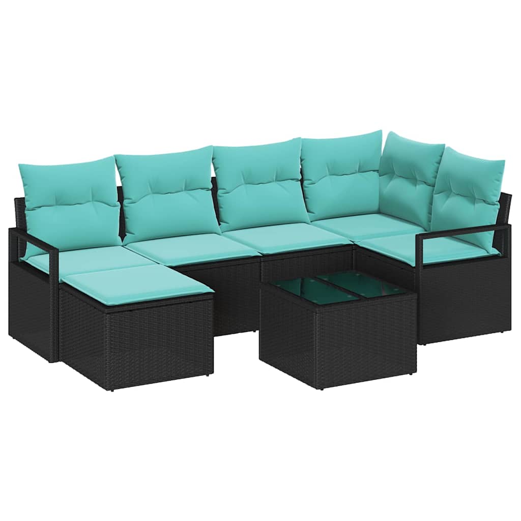 Sofa Set mit Kissen 7 pcs Schwarz Poly Rattan