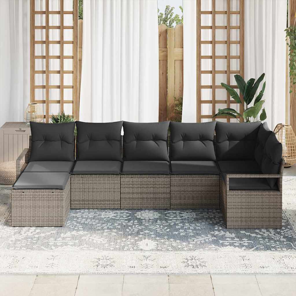 Sofa Set 7 pcs Grau Poly-Rattan