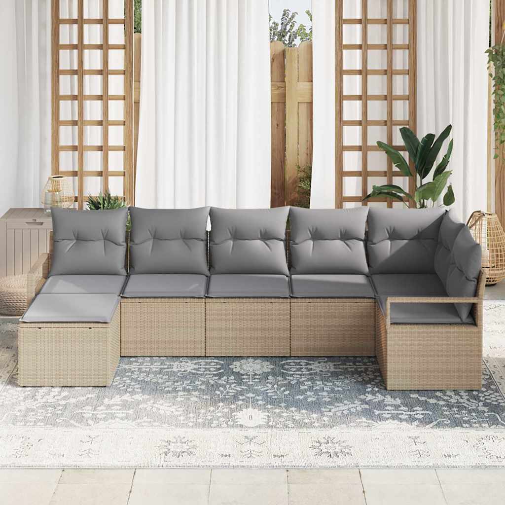 Sofa Set mit Kissen 7 pcs Beige Poly Rattan