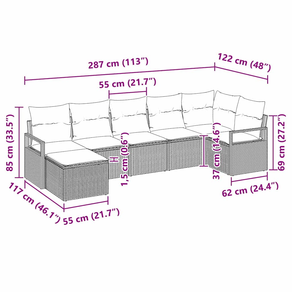 Sofa Set mit Kissen 7 pcs Beige Poly Rattan