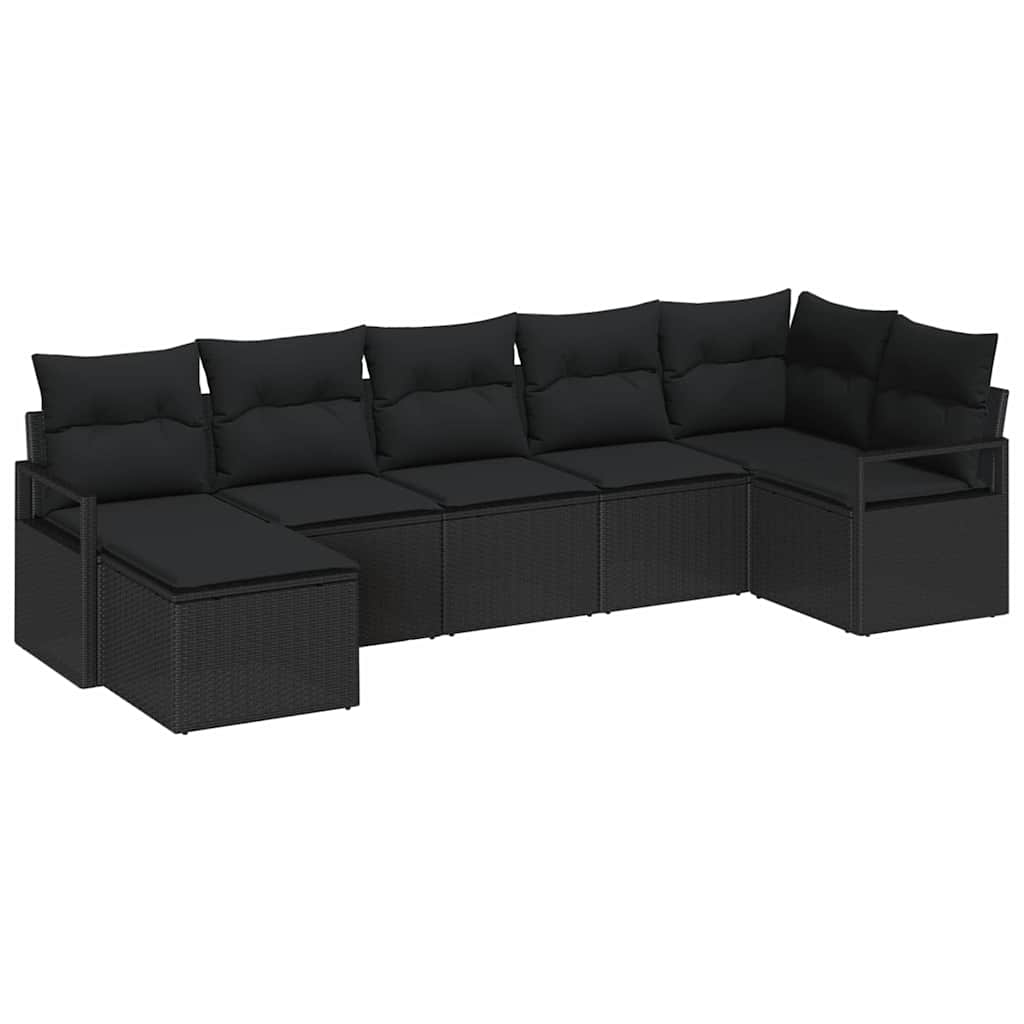 Sofa Set mit Kissen 7 pcs Schwarz Poly Rattan