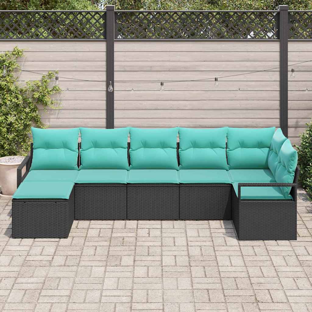 Sofa Set mit Kissen 7 pcs Schwarz Poly Rattan