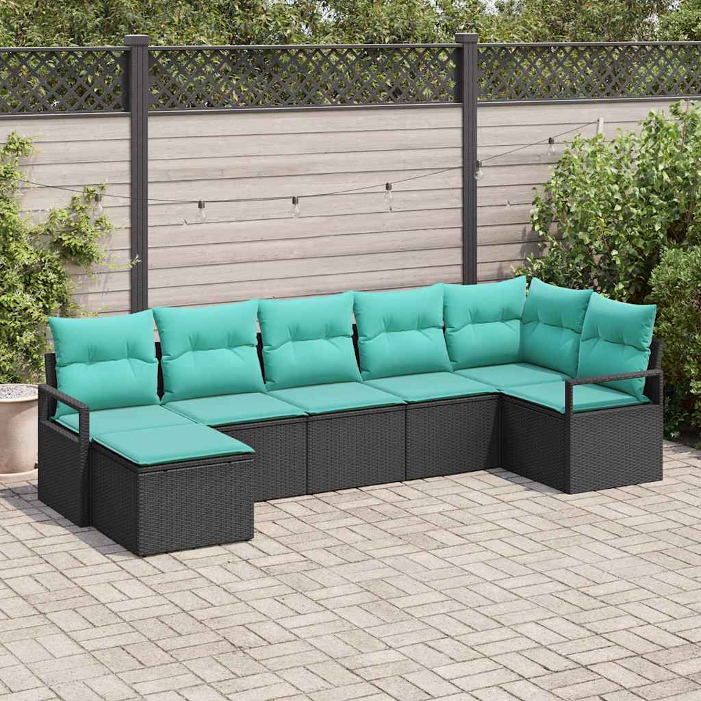 Sofa Set mit Kissen 7 pcs Schwarz Poly Rattan