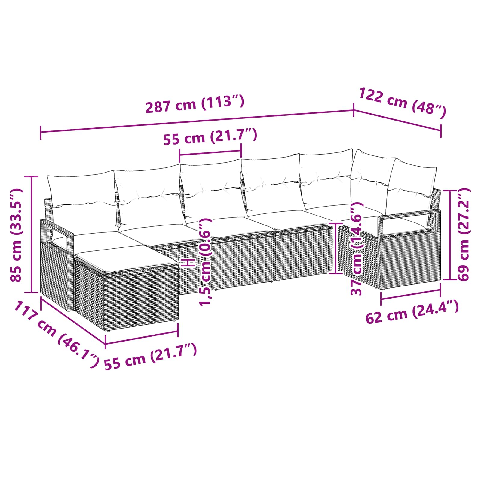 Sofa Set mit Kissen 7 pcs Schwarz Poly Rattan