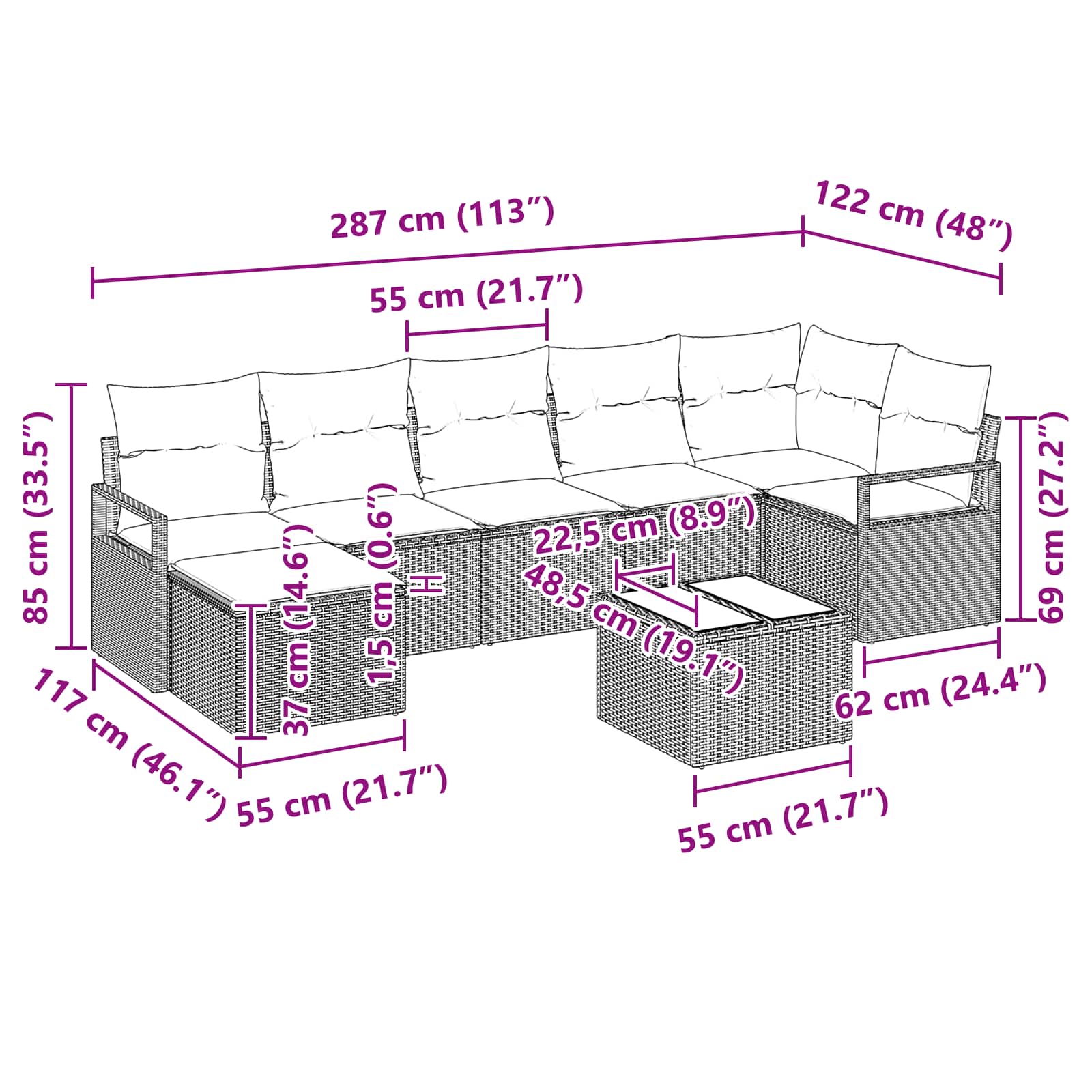 Sofa Set mit Kissen 8 pcs Schwarz Poly Rattan