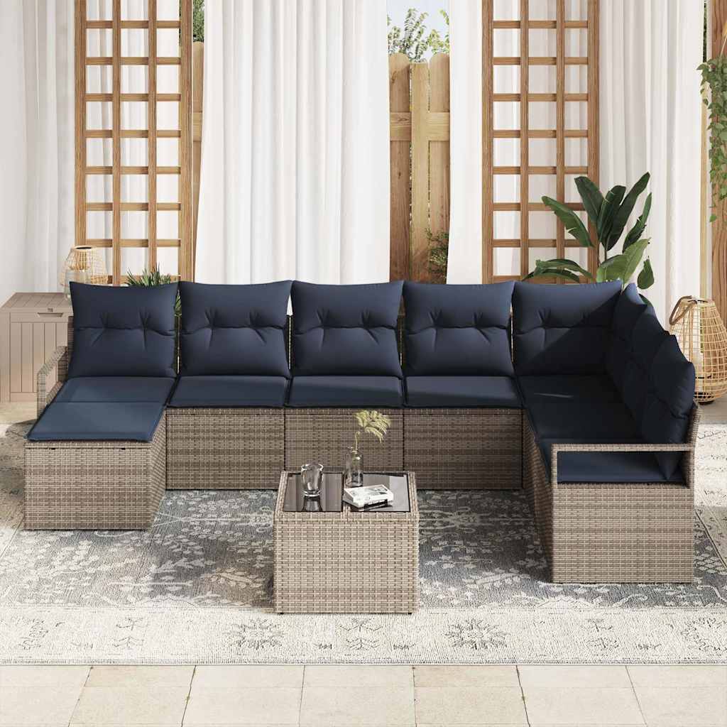 Sofa Set mit Kissen 9 pcs Grau Poly-Rattan