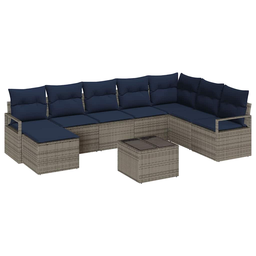 Sofa Set mit Kissen 9 pcs Grau Poly-Rattan