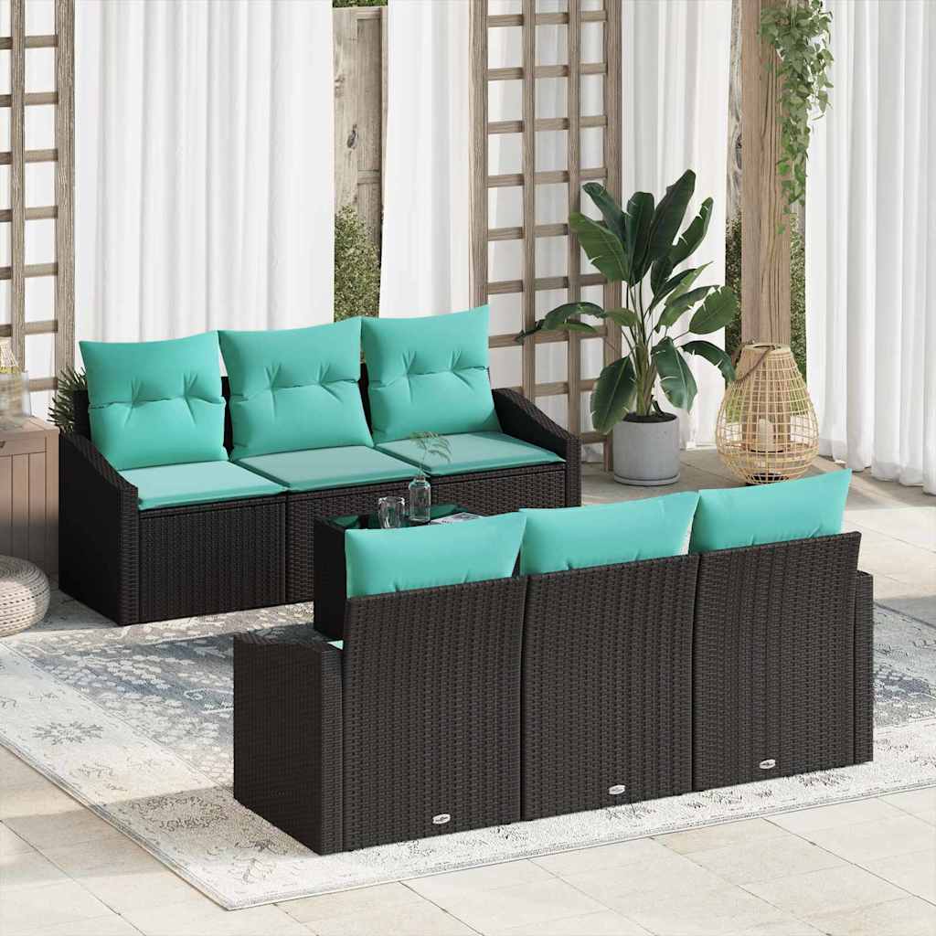 Sofa Set mit Kissen 7 pcs Schwarz und Türkis Poly Rattan