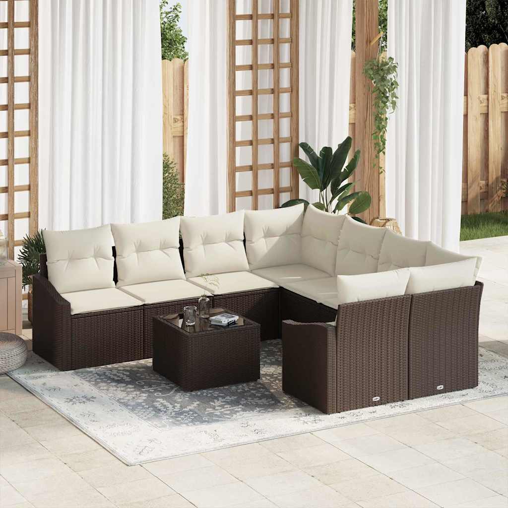 Sofa Set mit Kissen 9 pcs Braun und Creme Poly Rattan