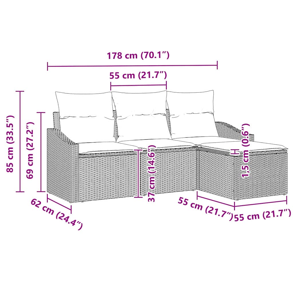 Sofa Set mit Kissen 4 pcs Hellgrau Poly Rattan