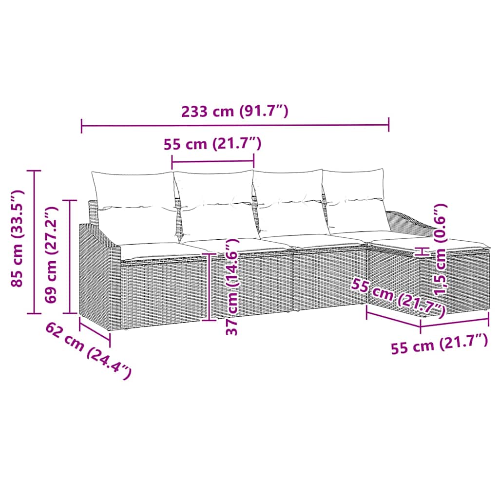 Sofa Set mit Kissen 5 pcs Schwarz Poly Rattan