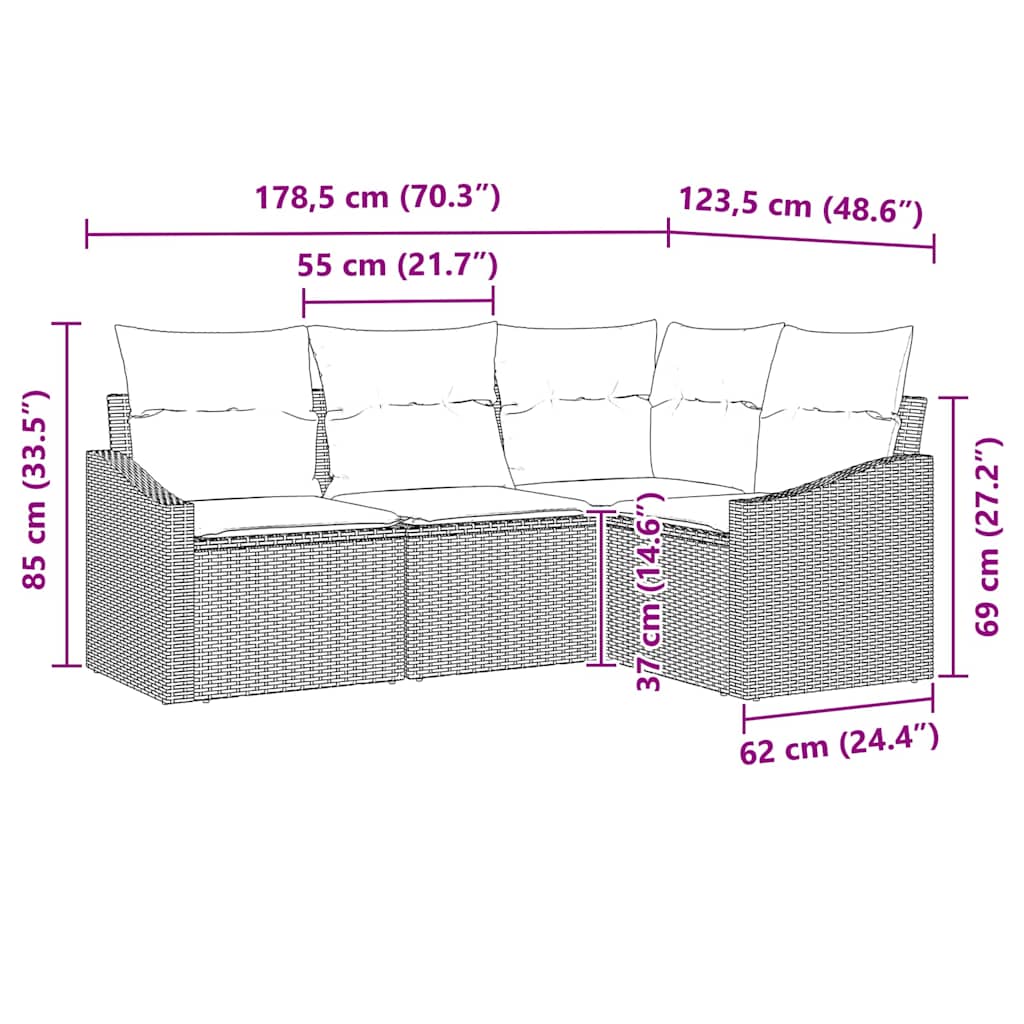 Sofa Set mit Kissen 4 pcs Braun Poly-Rattan
