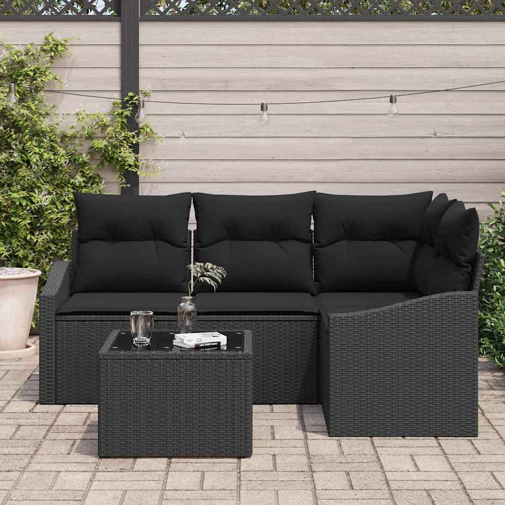 Sofa Set mit Kissen 5 pcs Schwarz Poly Rattan