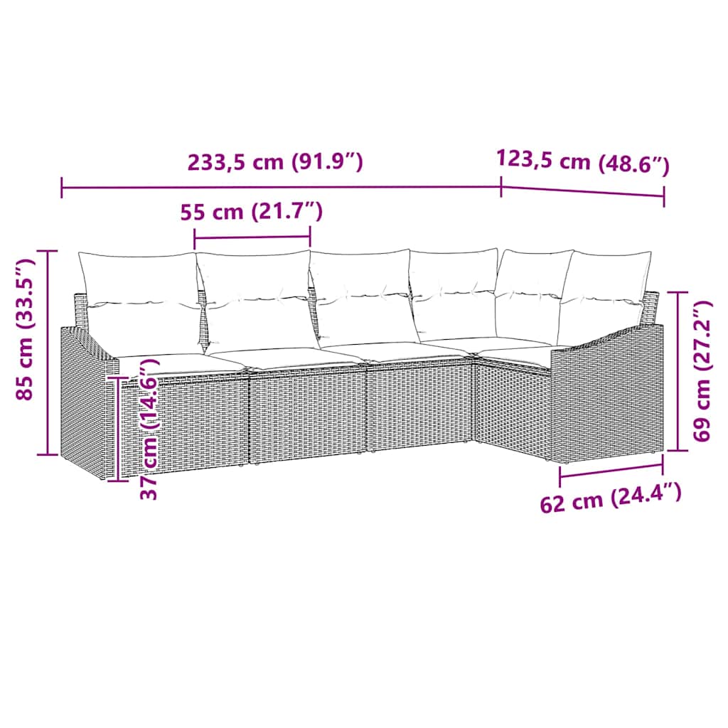 Sofa Set mit Kissen 5 pcs Hellgrau Poly-Rattan