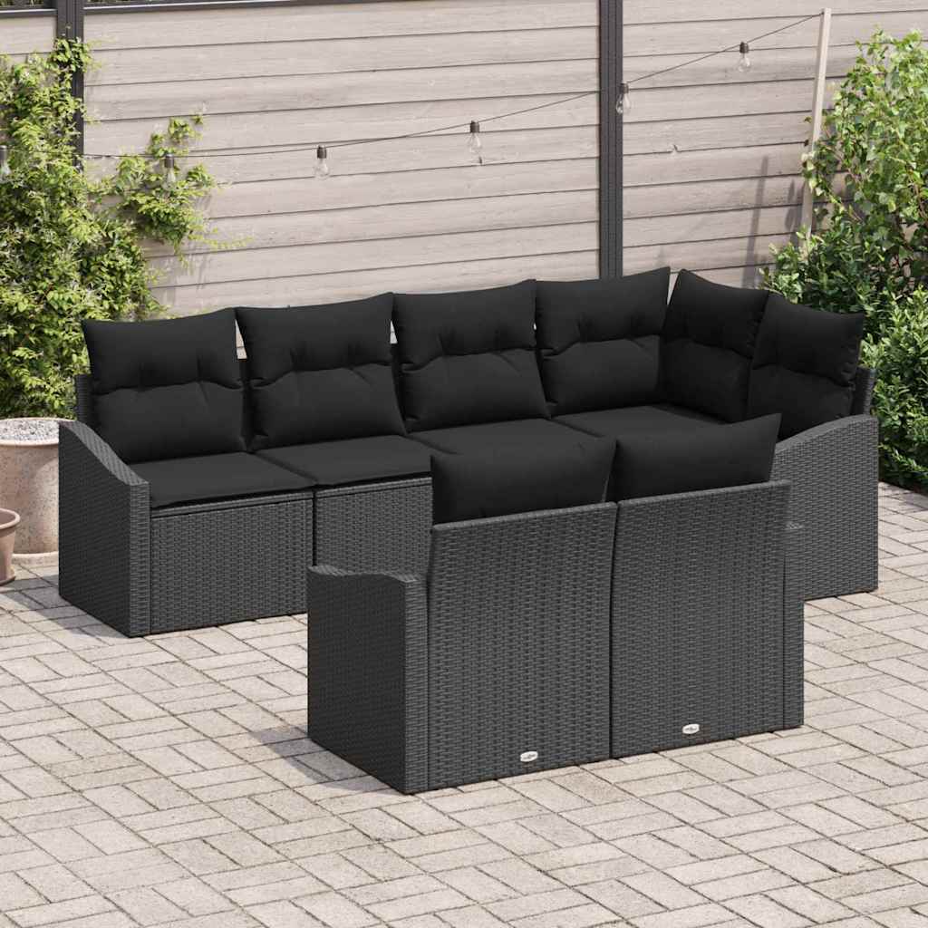 Sofa Set mit Kissen 7 pcs Schwarz Poly Rattan