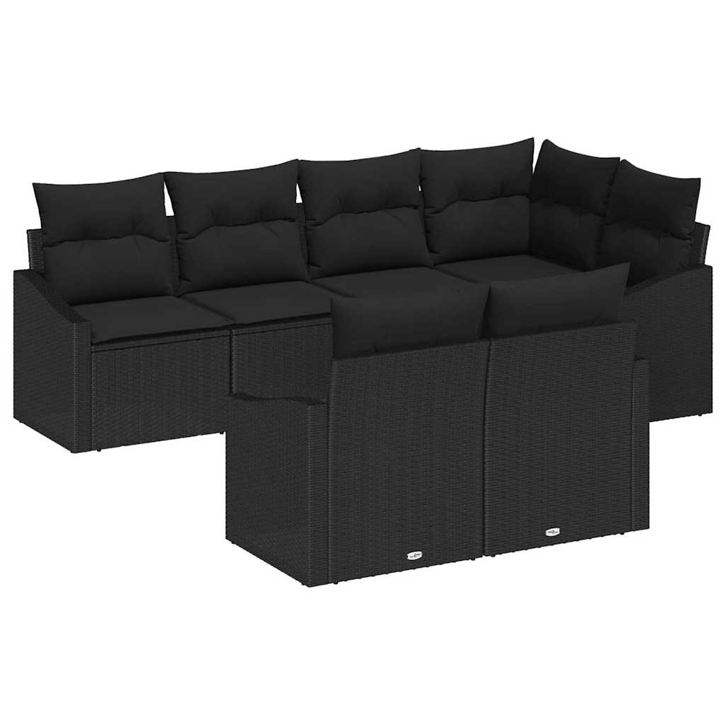 Sofa Set mit Kissen 7 pcs Schwarz Poly Rattan