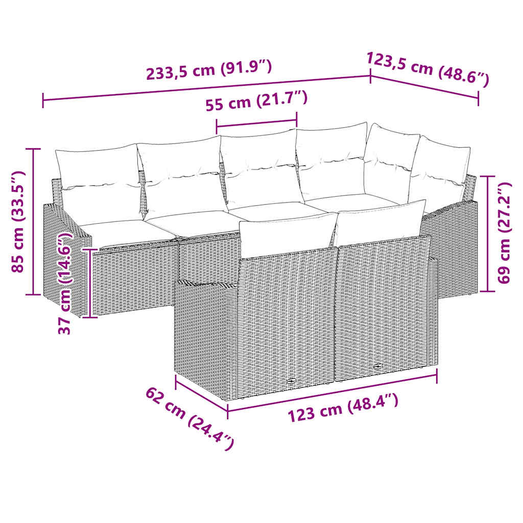 Sofa Set mit Kissen 7 pcs Schwarz Poly Rattan