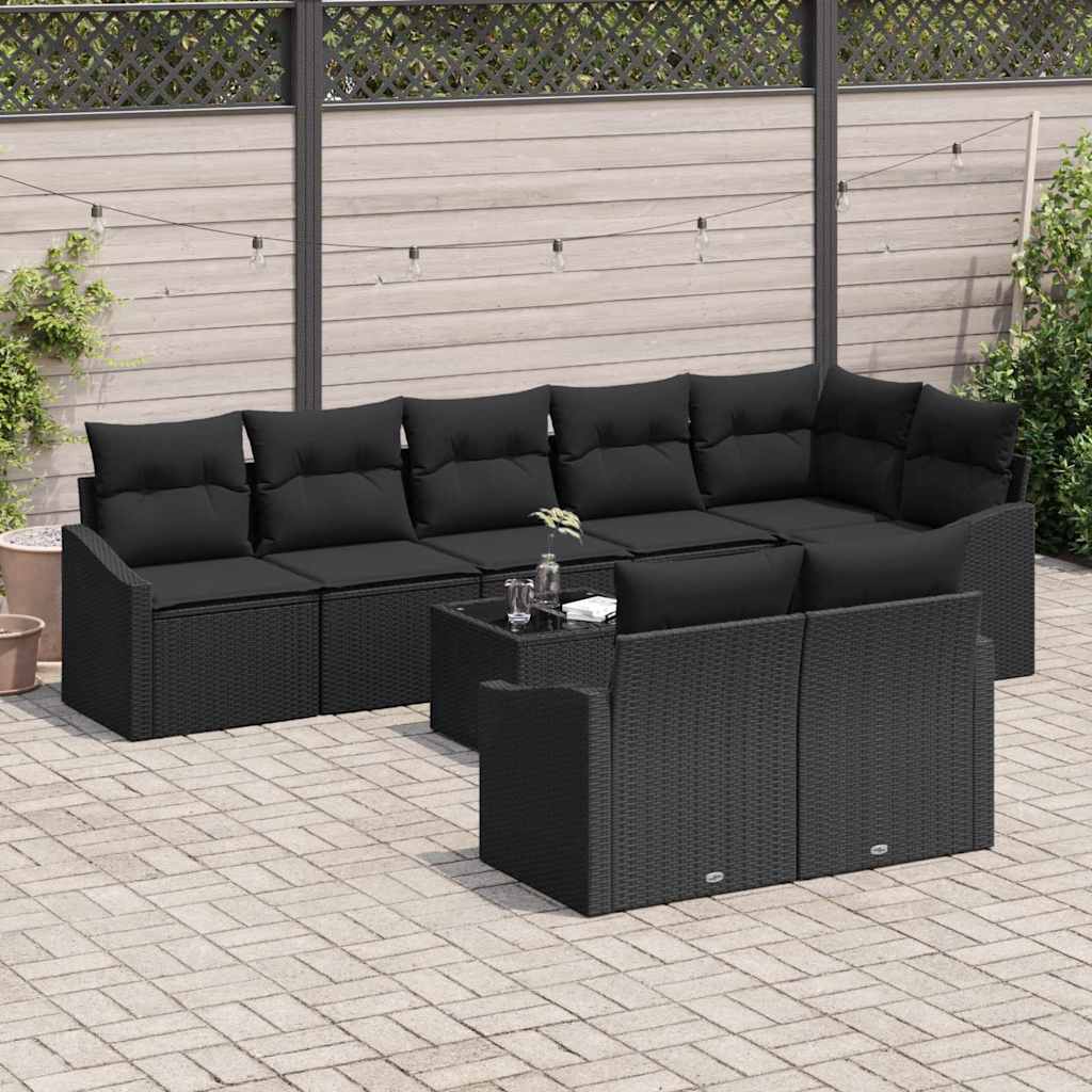 Sofa Set mit Kissen 9 pcs Schwarz Poly-Rattan