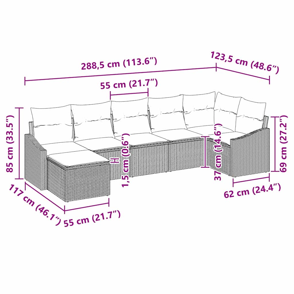 Sofa Set mit Kissen 7 pcs Grau Poly Rattan