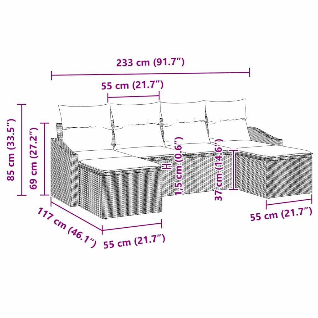 Sofa Set mit Kissen 6 pcs Braun Poly Rattan