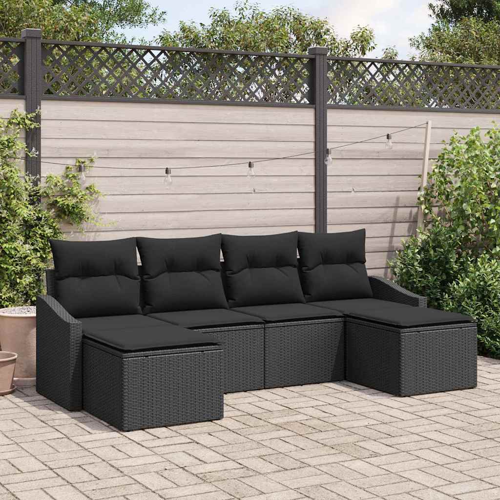Sofa Set mit Kissen 6 pcs Schwarz Poly-Rattan