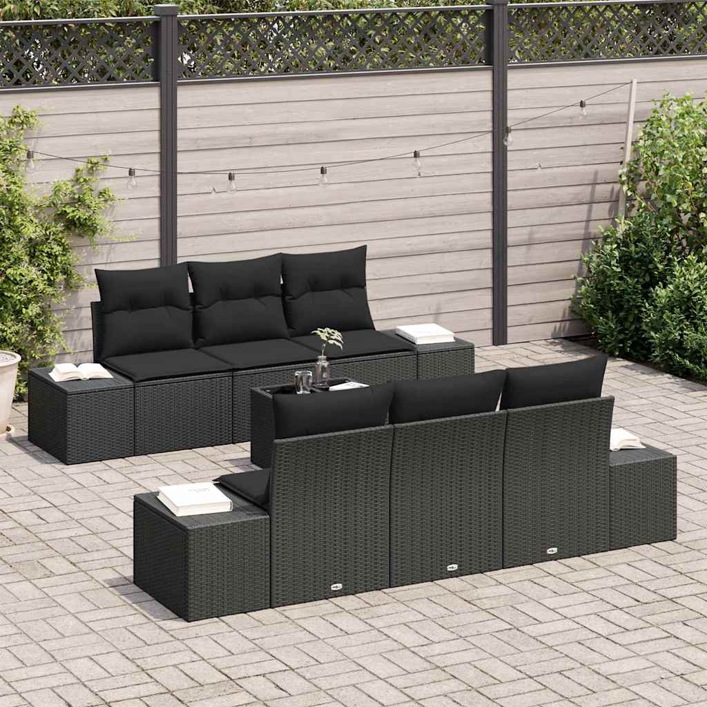 Sofa Set mit Kissen 7 pcs Schwarz Poly Rattan