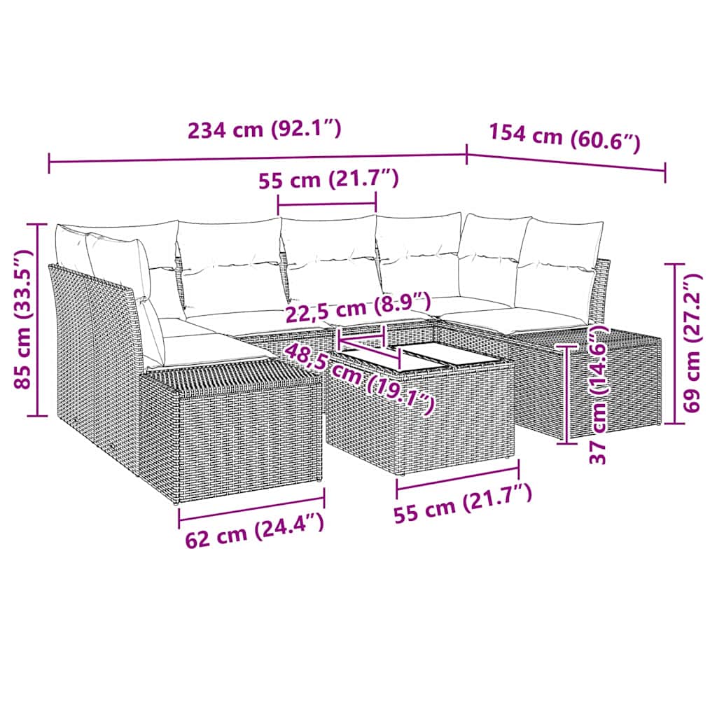 Sofa Set mit Kissen 7 pcs Hellgrau Poly Rattan