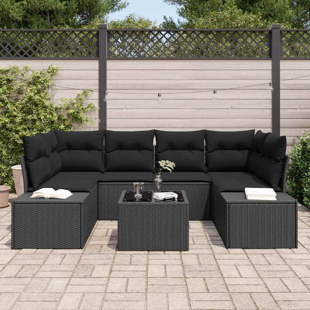 Sofa Set mit Kissen 7 pcs Schwarz Poly Rattan